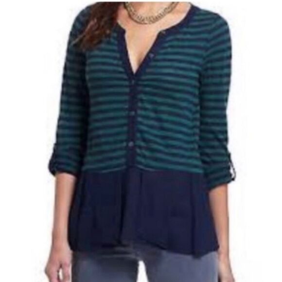 Anthropologie Postmark Kelly Green Navy Striped Peplum Henley Top Sz M - Picture 1 of 14